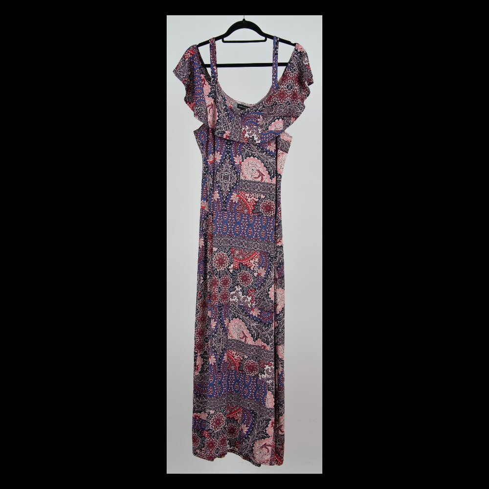 Nina Leonard Multicolor Patterned Cold Shoulder Stretch Maxi Dress XL EUC